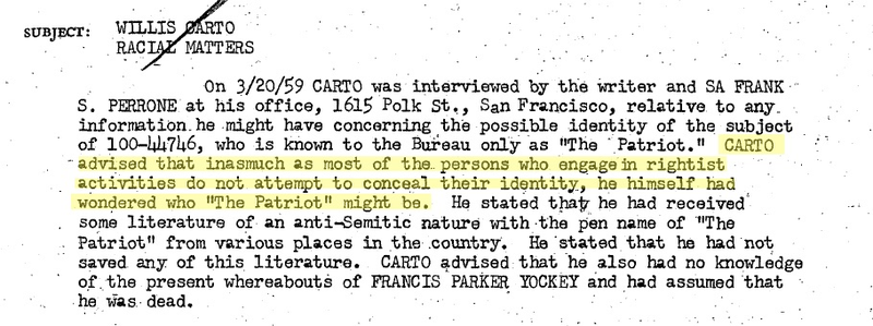 Portion of an internal FBI memo dated March 20, 1959 regarding the identify of the antisemitic author “The Patriot”